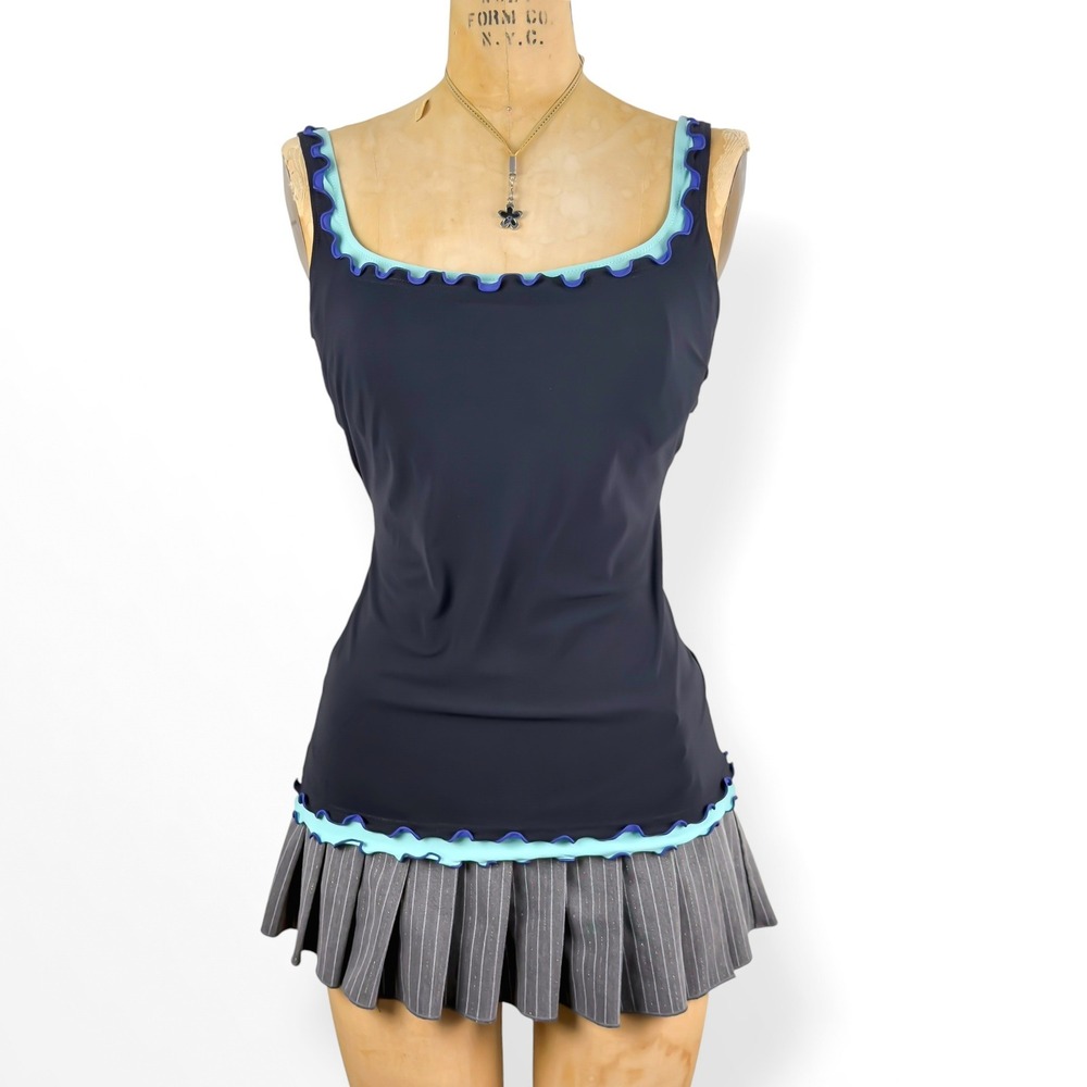 Y2K Swim Tank Layered Lettuce Trim Turquoise Ruffle Edge Retro 2000s Size M